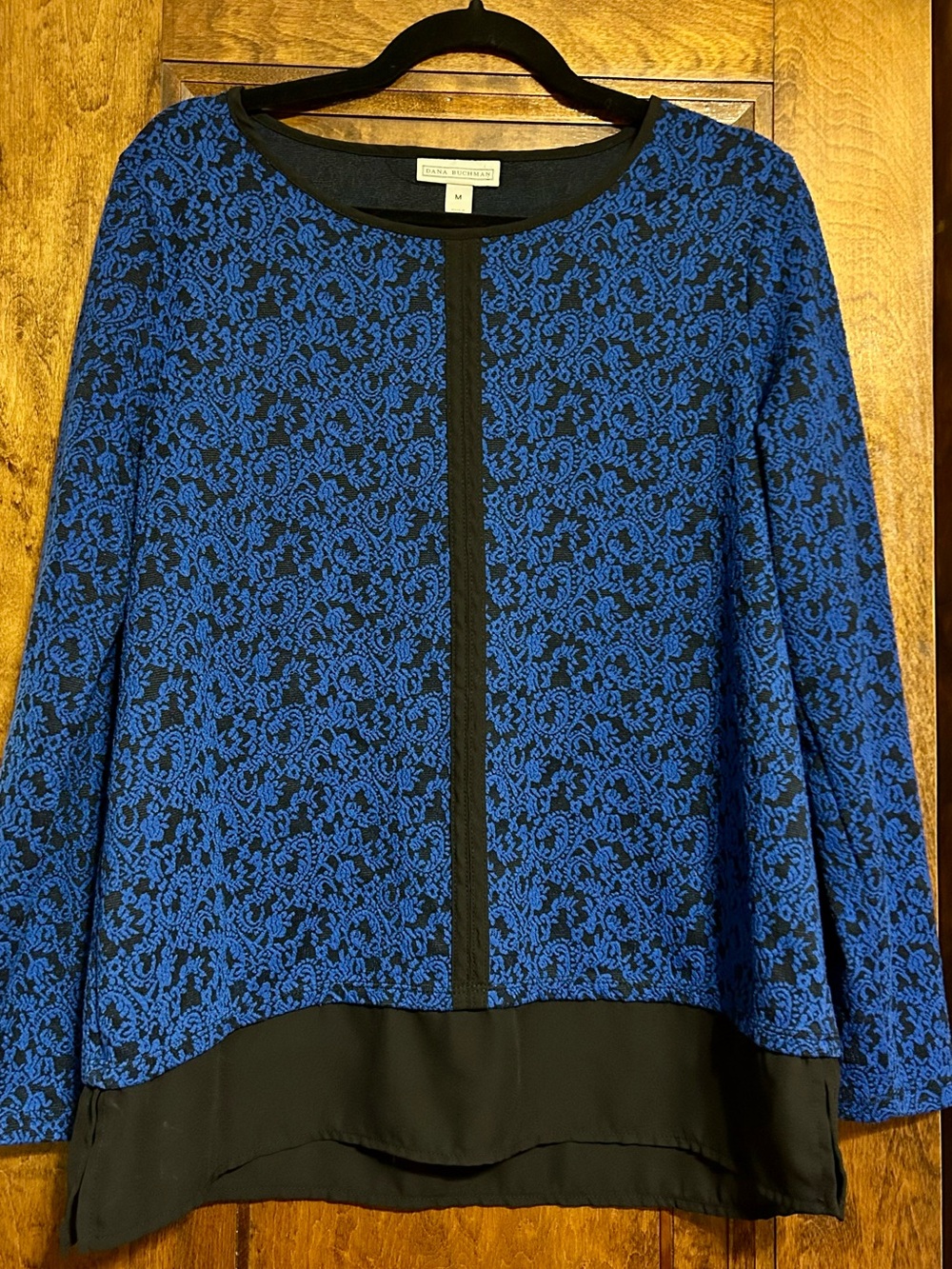 Dana Buchman Royal Blue and Black Lace-Effect Long Sleeve Pullover